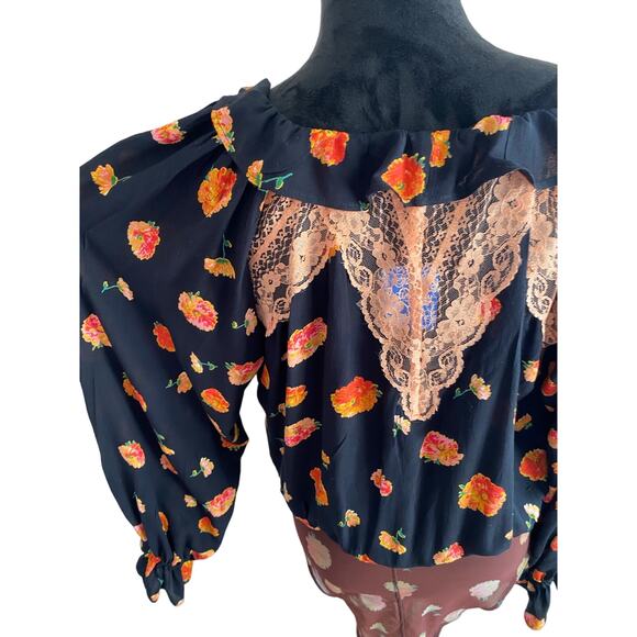 FREE PEOPLE INTIMATELY BLACK FLORAL LONG SLEEVE LACE & RUFFLE SNAP BODY SUIT - Picture 5 of 8